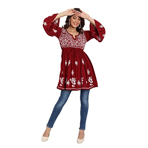 Image of indiankala4u Lucknow Chikankari Hand Embroidered Fit and Flared Top, Short Kurti for Women, Modal Cotton