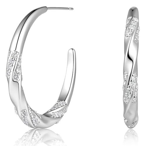 EYESHOCK Half Hoop Earrings for Women White Gold Plated with
