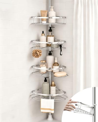 SEIRIONE Rustproof Shower Corner Caddy Organizer for Bathroom, 4 Adjustable Shelves with Tension Pole, for Bathtub Shampoo Accessories Storage Holder, 34 to 116 Inch Height, Silver