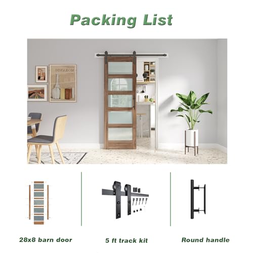 Image of FREDBECK 28 x 80 inch Glass Barn Door with 5 FT Barn Door Hardware Kit & Handle Included,5-Panel Frosted Glass,LVL Wood Panel,Water-Proof PVC Surface,Pre-Drilled Holes,Need Assembly