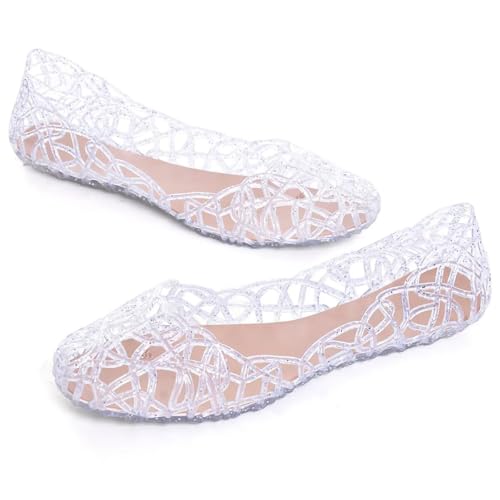 Image of Stunner Women Beach Jelly Shoes Slip On Crystal Summer Hollow Ballet Flats | Summer Cool PVC Breathable Outdoor Indoor Dressy Flat Sandals for Holiday Shopping Spa Swimming Pool