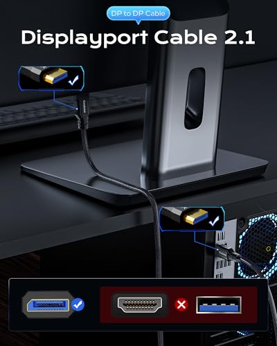 Image of Cratree 16K DisplayPort Cable 3.3 Feet /1M - 16K DP to DP Braided Cord - Support 40Gbps,16K 30Hz,8K 120Hz,4K 240Hz /165Hz /144Hz - Compatible FreeSync /G-Sync /Gaming Monitor,PC