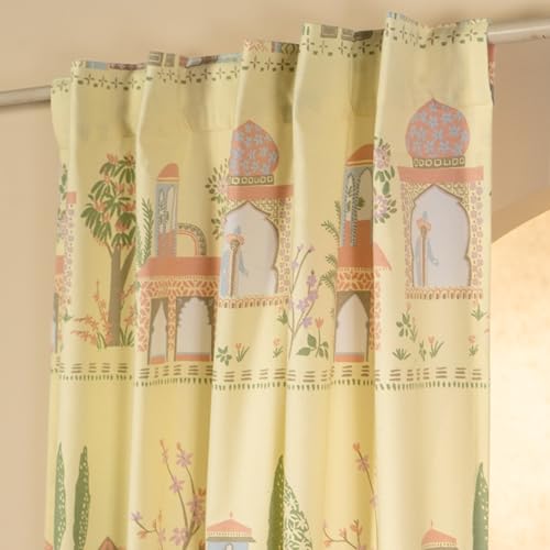 Image of Tranquebar Curtain Co. Window Curtains 5 Feet, 60-65% Room Darkening,Yellow Mughal Print, Cotton Curtains for Window, Cotton Curtains 5 Feet Long Set of 2, BackTab Loops,Agra (152 cm) - Set of 2