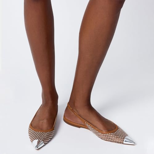 Yishaweiqi Rhinestones Mesh Slingback Flats for Women Silver Pointed Toe Flat Pumps Sparkly Ballet Flats Slip On Backless Dress Shoes2