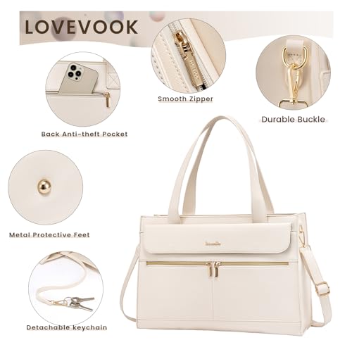 Image of LOVEVOOK Laptop Bag for Women 15.6 Inch Tote Work Professional Leather Computer Briefcase Waterproof Handbag Shoulder Large Capacity Business Teacher Office Crossbody Purse, 206# Beige White