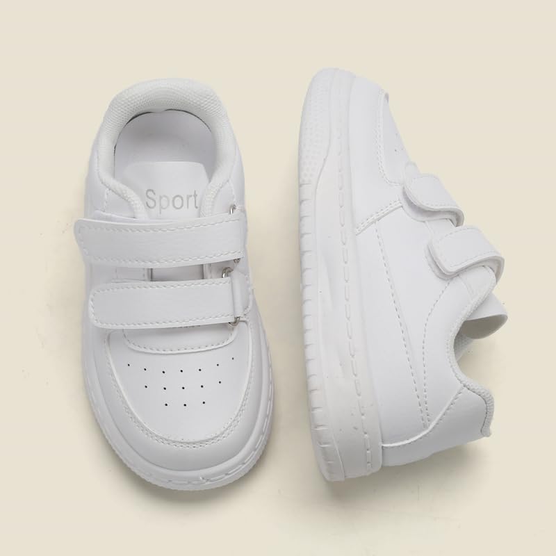Kids White Sneakers with Hook and Loop Straps, Perforated Design, Non-Slip Sole4