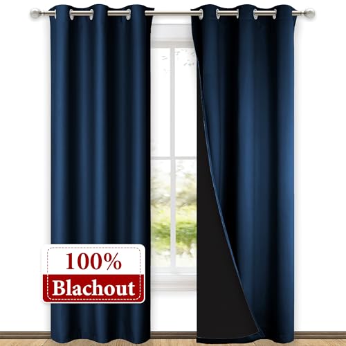 Image of NICETOWN Moroccan Blue Full Shade Curtain Panels, Pair of Thermal Insulated & Energy Efficiency Blackout Drapes for Living Room Windows, Lined Silky Performance Window Dressing (42 inch Wide x 84 inch Long)