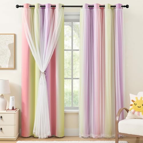Image of XiDi Pink Yellow Curtains 84 Inches Long 2 Panels for Girls Bedroom Blackout Curtains with Sheer Overlay for Kids Princess Nursery Room Darkening Mix & Match Double Layer Grommet Drapes W34 X L84