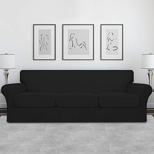 Image of Easy-Going 4 Pieces Oversized Stretch Soft Couch Cover for Dogs - Washable Sofa Slipcover for 3 Separate Cushion Couch - Elastic Furniture Protector for Pets, Kids Black | Sectional Sofa Slipcover for 3 Separate Cushion Couch - Elastic Furniture Protector for Pets, Kids Black