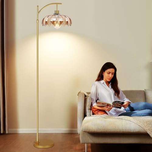 Image of AHDWDW Gold Arc Floor Lamp for Living Room with Remote,Dimmable Modern Floor Lamps with Amber Glass Shade,Unique Vintage Flower Standing Tall Lamp,Mid Century Floor Lamps for Bedroom Office Corner