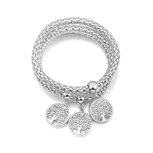 Sebrdbe Life Tree Pendant Bracelet Corn Chain Bracelet, 3PC Bracelet Set Gold/Silver/Rose Gold Tone Crystal Charm Multilayer Bracelet, Suitable for Girls Beaded Charm Bracelet (Silver)