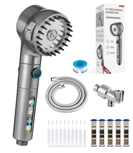 Ion Drops Filtered Shower Head with Handheld High Pressure Water Flow Filter Showerhead for Hard Water Boosting with ON/OFF Switch and Rotatable Head (Silver gray)