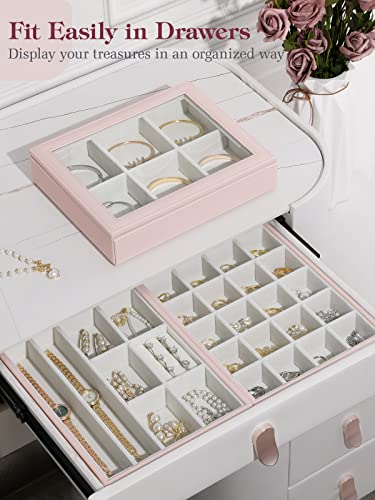 Emibele Stackable Jewelry Organizer Trays With Glass Lid, Set Of 3 Jewelry Organizer Drawer Showcase Dresser, Jewelry Trays Jewelry Display For Earring, Necklace, Bracelet, Ring Organizer, Pink #TOP2