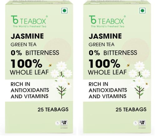 Image of Teabox Jasmine Green Tea | 25 Pyramid Whole Leaf Teabags | Natural Jasmine Aroma | Premium Blend Sourced from Madurai (Pack of 2)