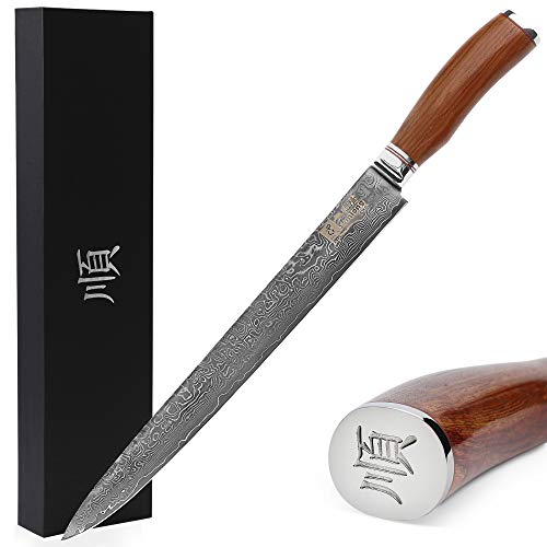 Sunlong Couteau à découper Couteau Sashimi 12 pouces Pro Damas VG10 Manche en palissandre naturel martelé