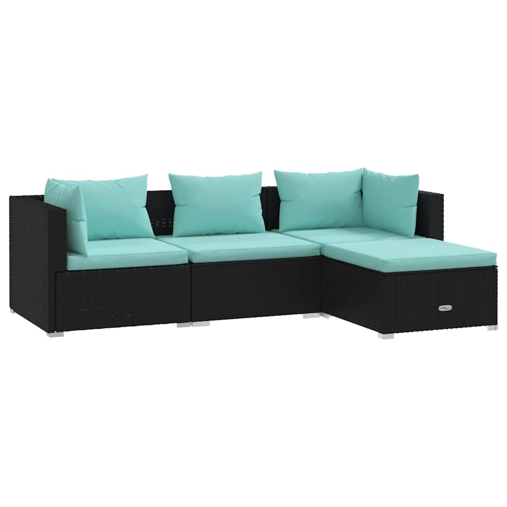 Set Salotto da Giardino 4 Pezzi in Rattan PE Nero | Modulari componibili con soffici cuscini blu acqua per momenti di relax in terrazzo patio o veranda.