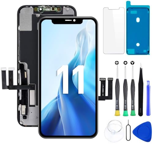 Hoonyer Display Ersatz Set für iPhone 11 (6 1 Zoll) 3D Touch Bildschirm mit Rahmen & Digitizer inkl. Reparaturwerkzeug wasserdichtem Klebestreifen & gehärtetem Displayschutz