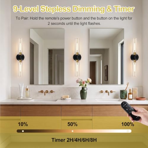 Image of Battery Operated Wall Sconces Set of Two, Black and Gold Wall Light fixtures with Wireless Remote Control,Rechargeable Dimmable Wall Sconces with 3000K Bulbs for Bathroom Mirror Living Room Bedroom