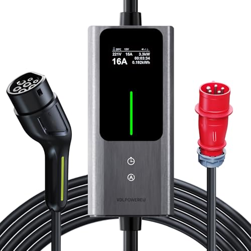 VDLPOWEREU Mobile Wallbox 11kW [3-phasig|5m|6-16A] Mobile Ladestation EV Ladekabel CEE 16A auf Typ 2 und EV Ladegerät mit Einstellbarer Strom und Einstellung Startzeit für Allen EV PHEV IEC 62196-2