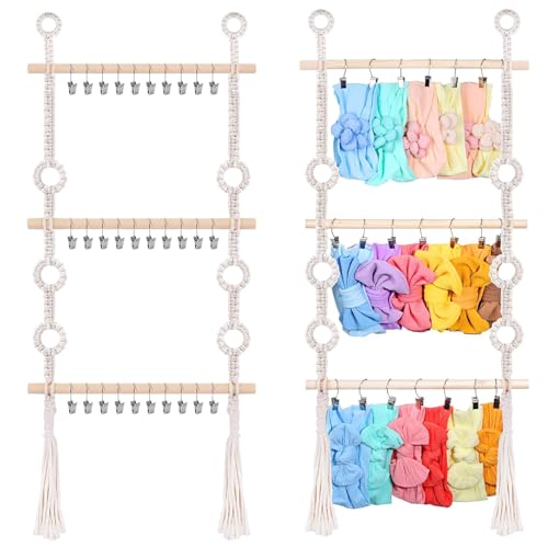Image of LONCHDAN Headband Holder Hair Bows Organizer for Girls Headbands Hair Accessories Organizer Storage with 30 Clips Bow Holder for Girls Hair Bows for Hanging Nursery Wall Girls Closet (white)