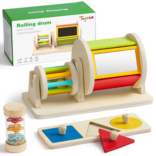 Toyssa Wooden Montessori Toys for Babies 6-12 months with Rainbow Color and Mirror Spinning Drum/Baby Shape puzzle 6-12 months/Sensory Toys Rain Rattle, Montessori Toys Gifts for Toddlers 1 Years Old