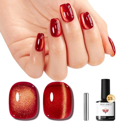 modelones Red Cat Eye Gel Nail Polish Glod Magnetic Glitter Holographic Red Ruby Gel Polish Reflective Jelly Translucent UV Gel Manicure 15 ML