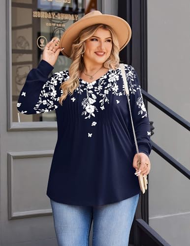 Image of IN'VOLAND Womens Plus Size Shirts V Neck Puff Long Sleeve Tops | Loose Fit, Dressy Casual Blouse, Pleated, Fall Outfits, Business Work TShirts, Basic Tees