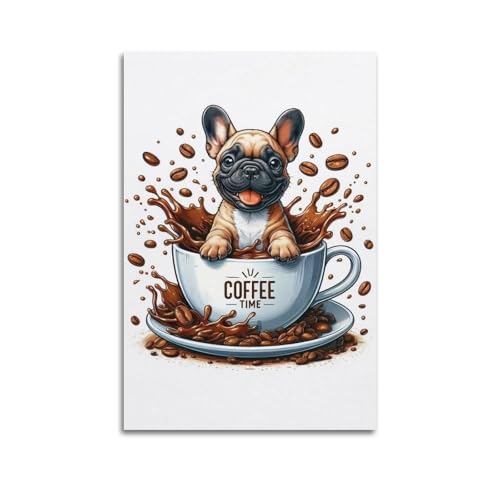 Poster su tela con bulldog francese 'Coffee Time', stile vintage, per soggiorno, 20 x 30 cm, senza cornice