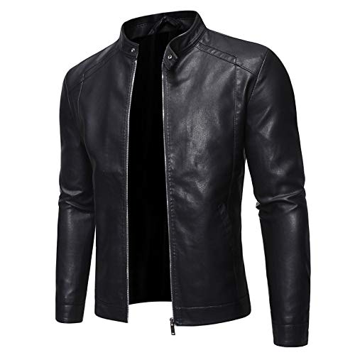 Blouson en Cuir Homme - Automne Hommes Casual Mode Col Montant Slim Manches Longues Veste en Cuir Noir Veste en Cuir Hommes Anti-Vent Moto, Noir, XL