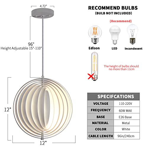 Untrammelife Modern White Pendant Lights, 12" 1-Light Moon Lighting Sphere/Orb Art Decorative Ceiling Hanging Light Fixture For Kitchen Island, Dining Room, Living Room, Bedroom #TOP2