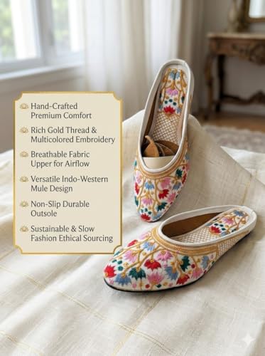 Image of Women Embroidered Jutti, Floral Ethnic Mojari, Slip-On Flats for Wedding, Festive (UK Footwear Size System, Adult, Women, Numeric, Medium, 10) Multicolour