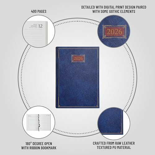 Image of Anupam Goth Diary 2026 with Dates, 2026 Daily Planner Full Page Per Day with Monthly Calendar, January to December 2026 Size B5 (25x17cm) 365 Days Canvas Textured PU Cover 80GSM Blue