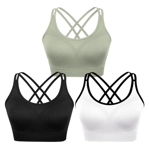 Image of WOYYHO Cross Back Sports Bra for Women Padded Strappy Yoga Bra Medium Support Workout Bra for Athletic Gym Fitness 3 Pack