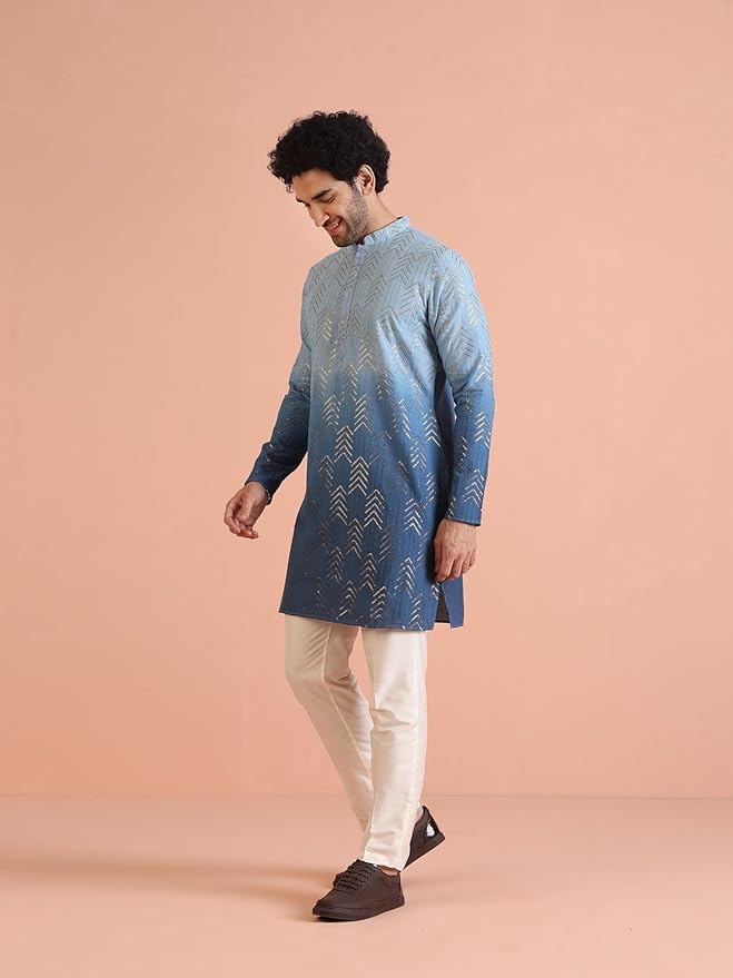Image of KISAH Men's Navy Blue Printed Cotton Kurta - Regular Fit Long Tunic with Mandarin Collar | Ethnic Wear for Weddings & Festive Occasions