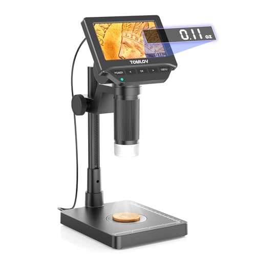 TOMLOV LCD Digital Microscope with 32GB SD Card, 4.3" 1000X Magnification Coin Microscope with Metal Stand, 8 LED Lights, Video Recorder for Observing Coin/Stamps/Plants/PCB, Supports Windows