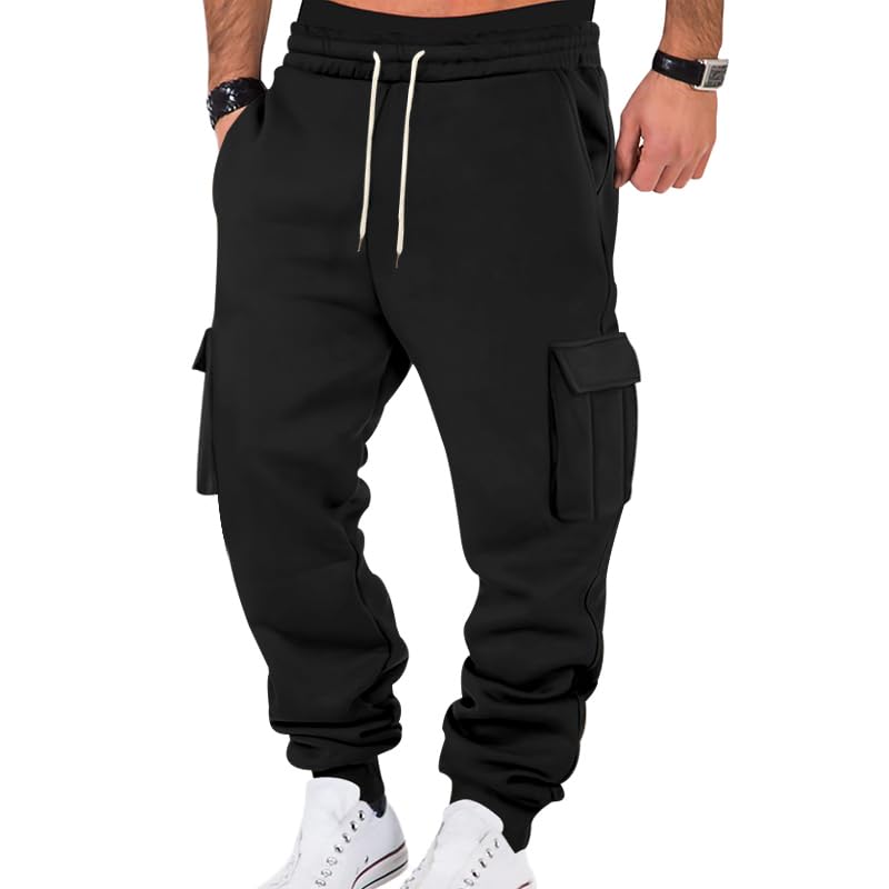 Men Autumn Winter Heavyweight Fleece Work Pants Solid Color Elastic Waist Drawstring Sweatpants with Pockets