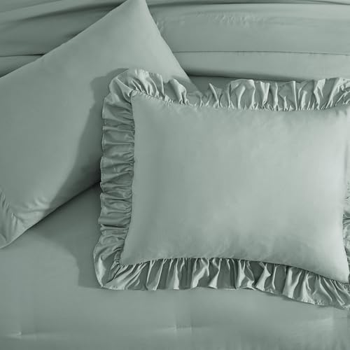 Image of Full Size Comforter Set Sage Green Ruffle 7 Pieces Farmhouse Bed in a Bag | Shabby Chic Fluffy All Season Bedding Sets with Sheets, Pillowcases & Shams