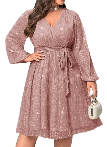 Image of RED DOT BOUTIQUE 876 - Plus Size Elegant Sheer Sleeve Dress with Waist Sparkle Chiffon Mesh Cocktail Dress