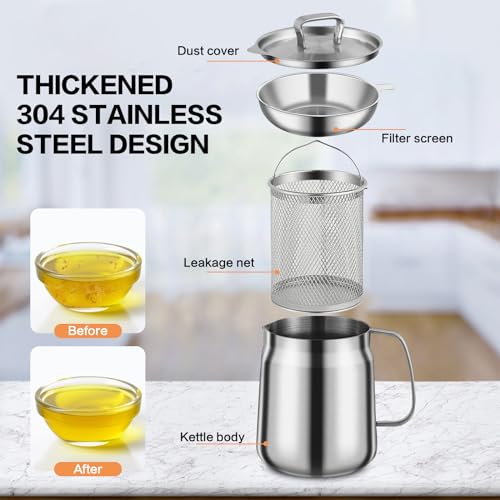 Pote de filtro de óleo 2 em 1 de 1,927 g/2L - Panela de filtro de óleo de aço inoxidável SUS 304, re