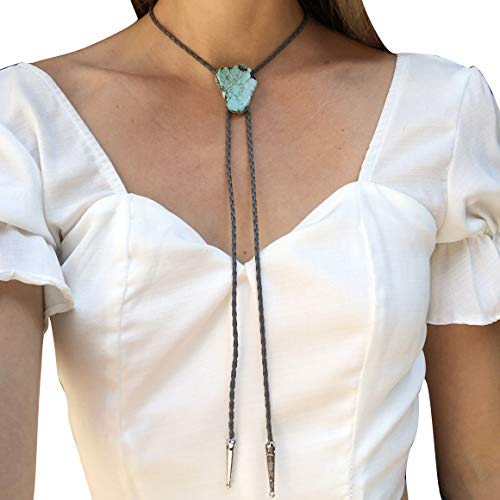 Image of Daisy Del Sol Bolo Tie Turquoise Stone Braided Vegan Faux Leather Silver Tips Handmade Necklace Adjustable Boho Western Jewelry