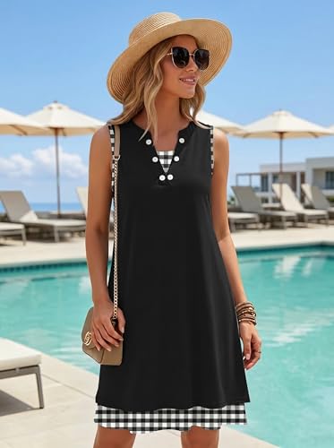 Image of Disamer Womens Summer Dress 2026 Casual Button Down V Neck Sleeveless Boho Floral Beach Sundresses Vacation A-Line Dresses