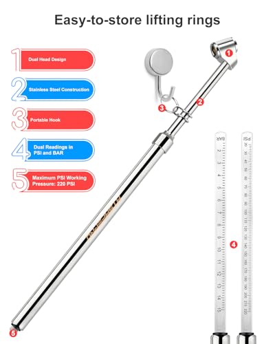 Image of ATsafepro 13 inch Dual Head Tire Pressure Gauge 20-220PSI, Stainless Steel Heavy Duty Air Gauge for Cars, Semi Trucks & RVs, Accurate & Durable for Tire Pressure Check, Schrader Valve Compatible