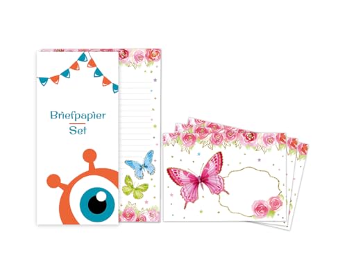 Briefpapier-Set Briefblock mit Umschlag für Mädchen Kinder Schmetterlinge Tiere Kindermotiv Briefbögenblock liniert (Block A5 mit 25 Blätter + 15 Umschläge)