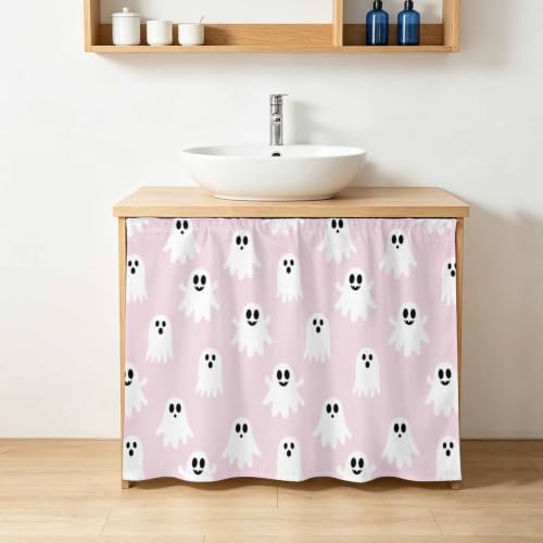 Kitchen Cabinet Curtains Cute Ghosts Halloween Sink Skirt for Bathroom Pink White Funny Art Dishwasher Curtain Cover Under Desk Curtain Skirt Privacy Drape for Classroom Laundry Closet Decor 28"x35" - Image 2