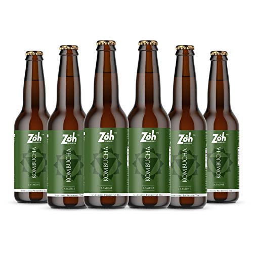 Image of Zoh Probiotics Jasmine Kombucha | Tea with detoxifying acids, and digestive enzymes. Raw, unfiltered, and unpasteurized with Mother. Made with real Jasmine flowers (330 ml, Pack of 6)