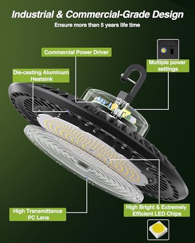 YXL 240W 6 Pack Super Bright UFO High Bay LED Shop Lights, 36000LM 5000K, 0-10V Dimmable, US Plug 5' Cable, 100-277V for Shop, Barn, Warehouse, UL Listed — view 5