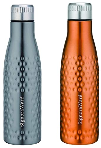Image of Signoraware Aace Hammered Single Walled Stainless Steel Fridge Water Bottle, 1000ml, Brown + Signoraware Aace Hammered Single Walled Stainless Steel Fridge Water Bottle, 1000ml, Copper