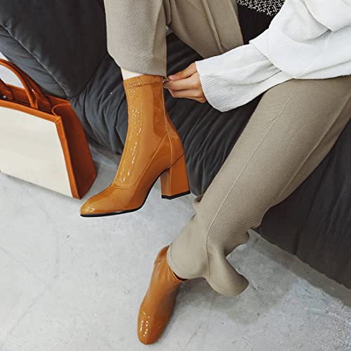 VOKLIN Women's Square Toe Dressy Ankle Boots Patent Leather Zipper Chunky High Heel Western Short Booties4