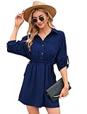 KOJOOIN Damen Tunika Kleid Langarm Blusenkleid kurz V-Ausschnitt Hemdkleid Casual 1/2 Ärmel Minikleid Freizeitkleid mit Knöpfe (Verpackung MEHRWEG), A-Dunkelblau, M