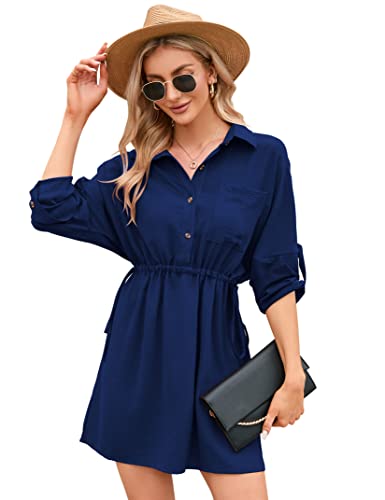 KOJOOIN Damen Tunika Kleid Langarm Blusenkleid kurz V-Ausschnitt Hemdkleid...